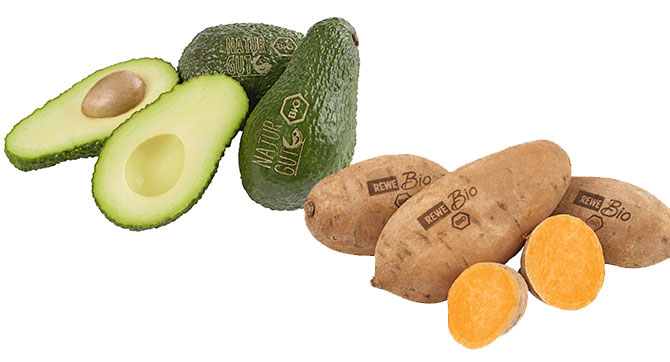 Süßkartoffeln und Avocados werden gelasert