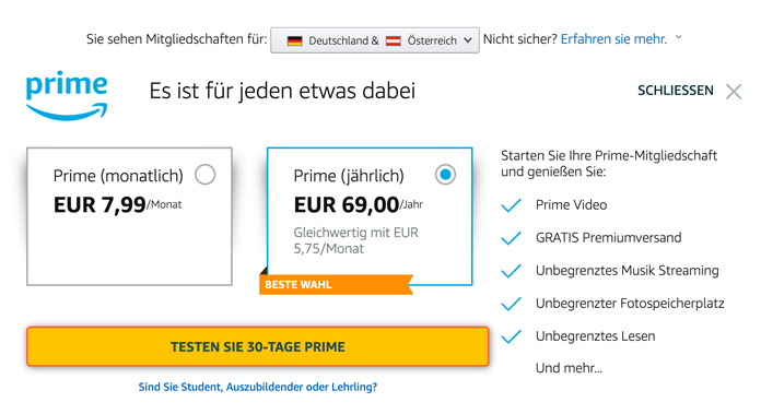 Amazon Prime Abo Jahresmitgliedschaft günstiger