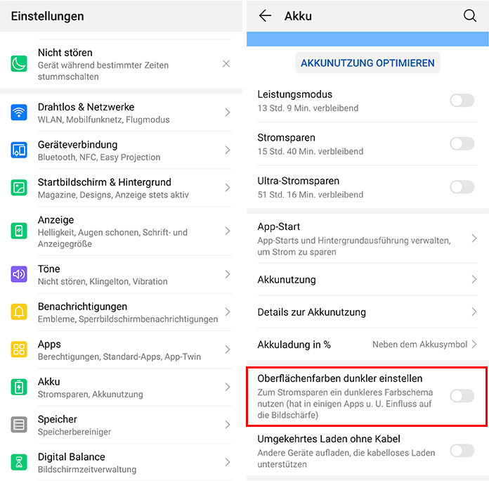 Huawei Mate 20 Oberflächenfarben dunkler einstellen