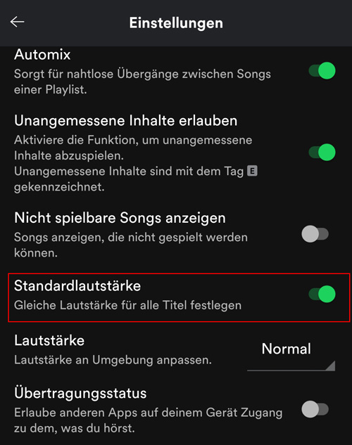 Soundqualität Standardlautstärke