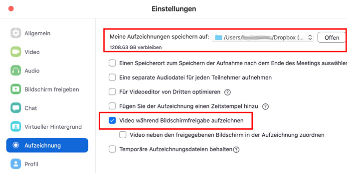 Zoom Meeting aufzeichnen & Speicherort wählen