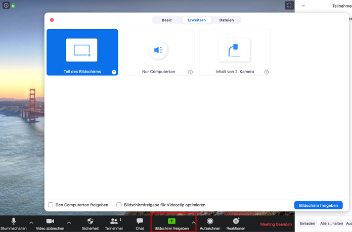 Zoom App Bildschirm freigeben
