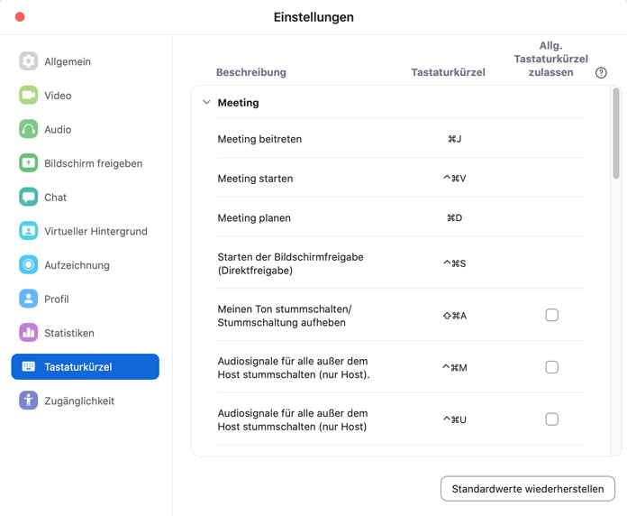 Zoom App Tastaturkürzel