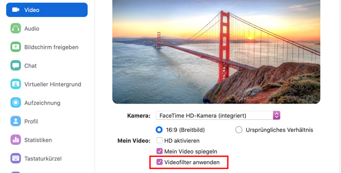 Zoom App Videofilter anwenden