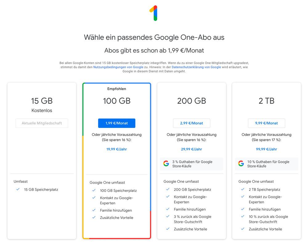 Google One Abo-Modelle