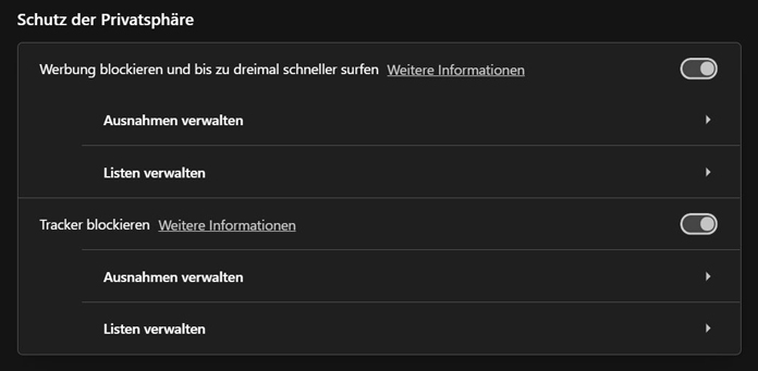 Opera GX Tracker und Werbung blockieren