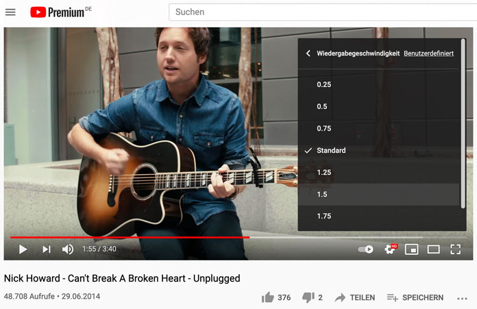 YouTube-Funktionen Video Tempo