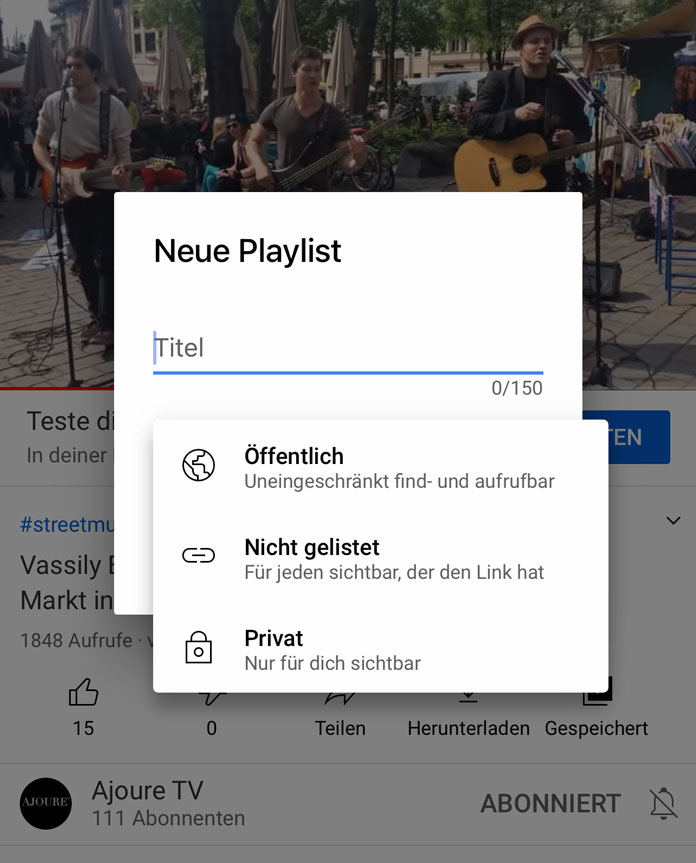 YouTube-Funktionen Playlist erstellen