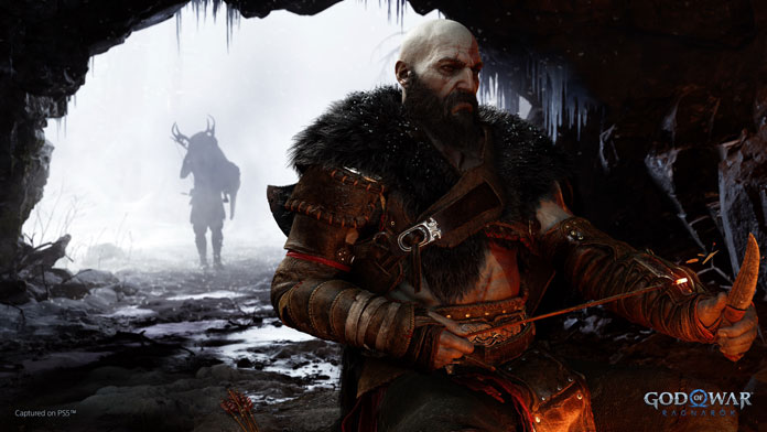 God of War Ragnarök Kratos wartet auf Atreus in Höhle