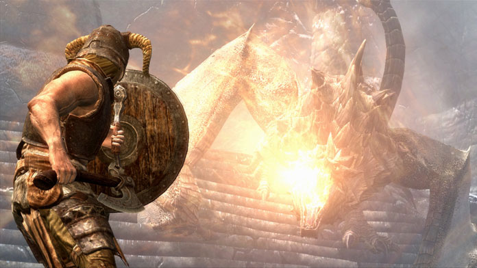 The Elder Scrolls: Skyrim, Drachenblut kämpft gegen Feuer speienden Drachen