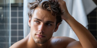 Körperpflege - Mann im Badezimmer mit Shampoo in den Haaren.
