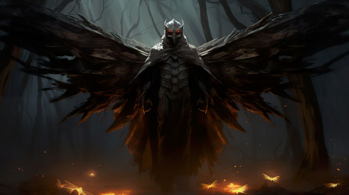 Mothman - Die Gestalt Mothman steht im Wald und schaut dich mit ausgebreiteten Flügeln an.