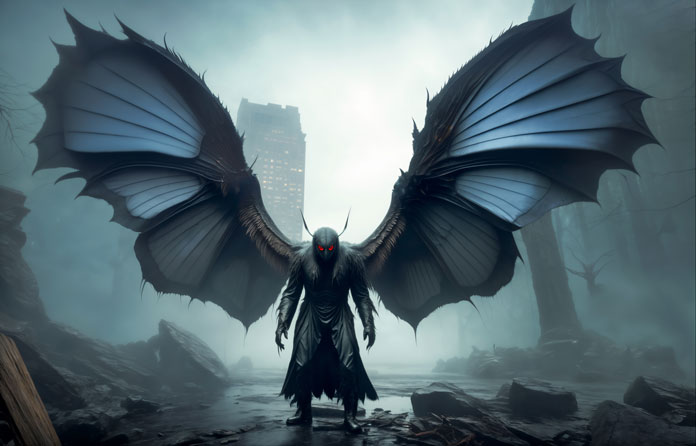 Mothman - In einer verwüsteten Stadt steht die Kreatur Mothman mit ausgebreteten Flügeln und schaut dich grimmig an.