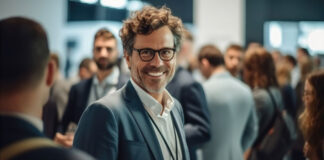 Networking - Mann steht auf Networking Event zwischen Menschen und schaut lächelnd in die Kamera