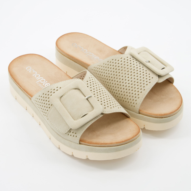 Sandale mit Schnalle, graue, flache Sandale