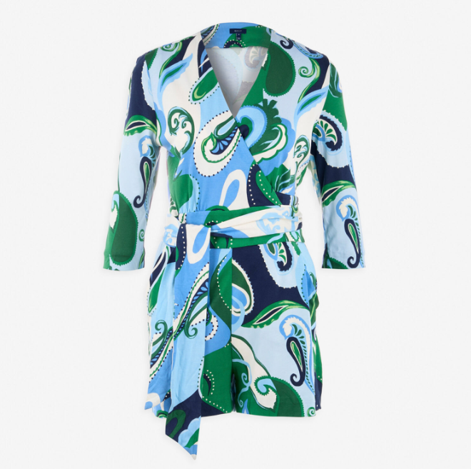 Jumpsuit aus blau-grünem Paisley-Seide